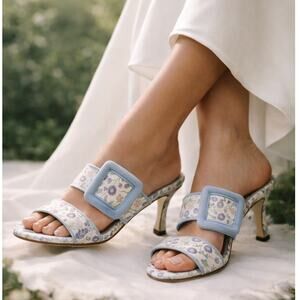 Manolo Blahnik Gable Floral Jacquard Blue Buckle Mule Sandal Heels EU 37